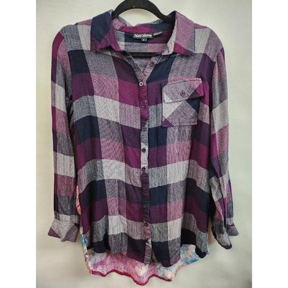 Tolani Collection Purple Plaid Floral Back Button Front Tunic Top Small - Picture 2 of 6